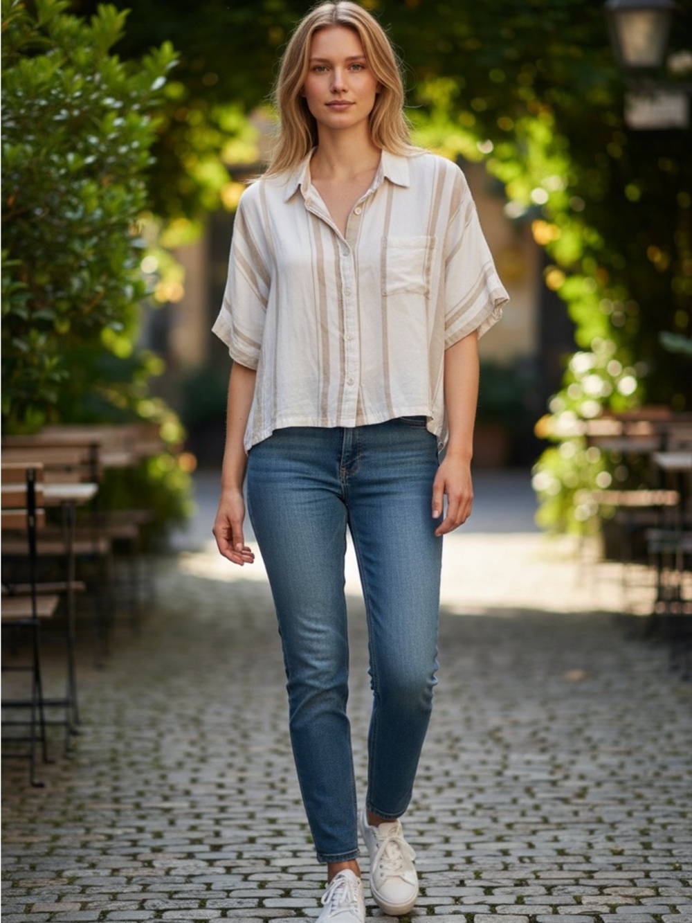 Relaxed Cream Striped Button-Front Women's Blouse